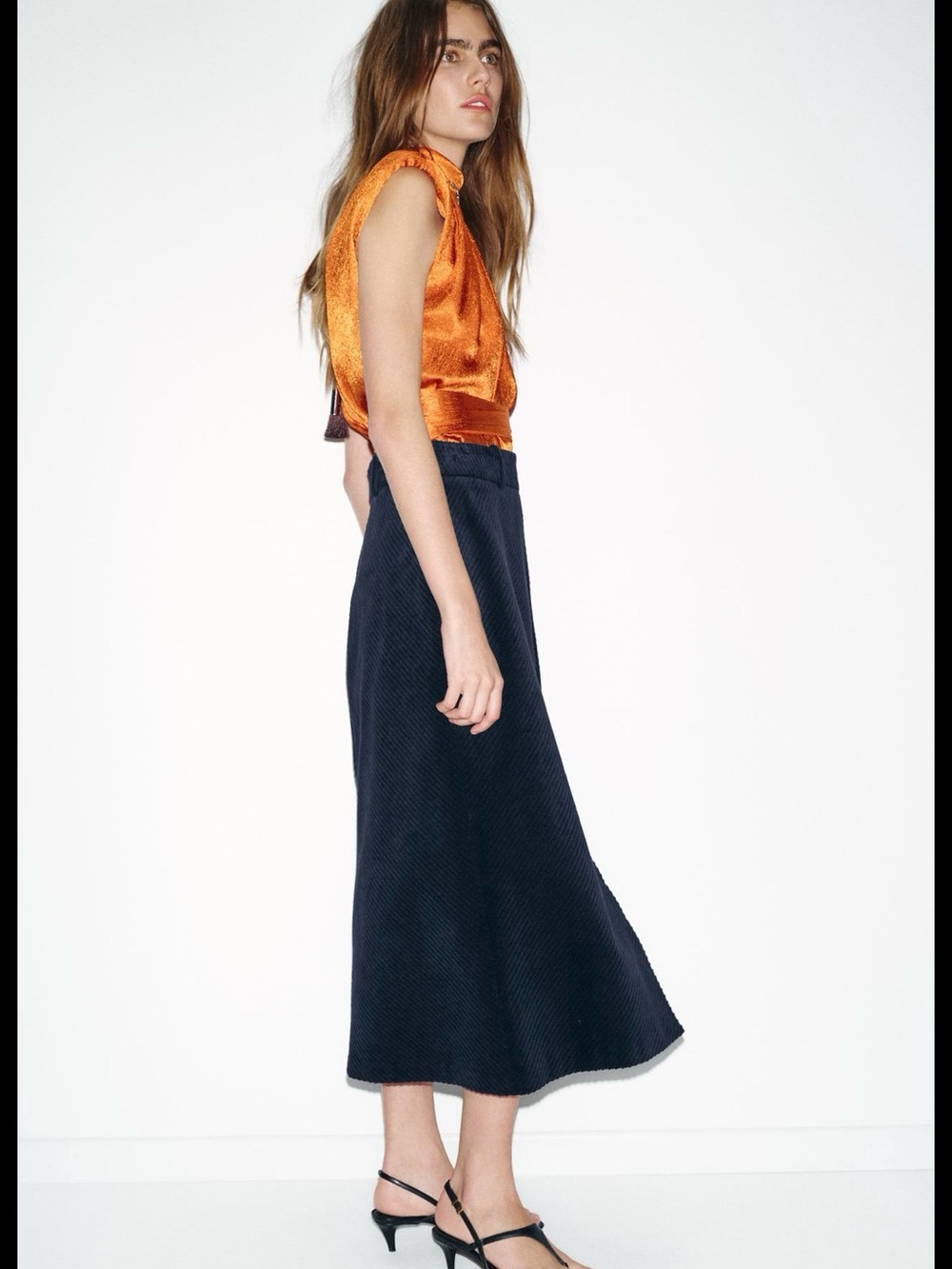 ZARA Blue Midi Corduroy Skirt with Front Slit